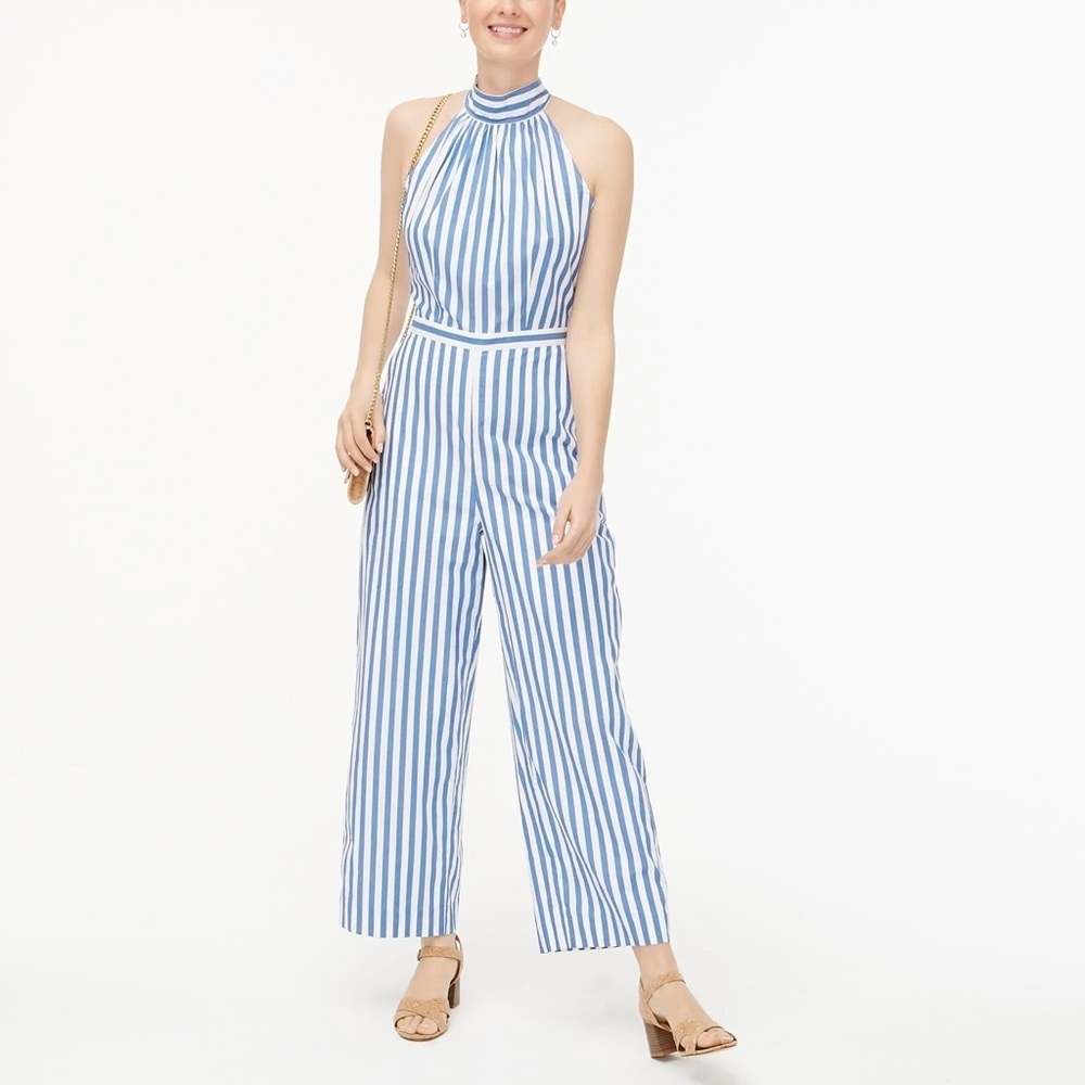 J.Crew Factory Blue Striped Sleeveless Tie back Halter Back Zip Jumpsuit…